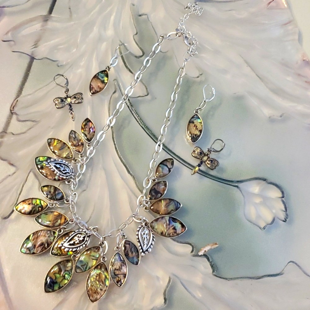 Silver and Abalone Shell Jewelry Set, Necklace and Earrings